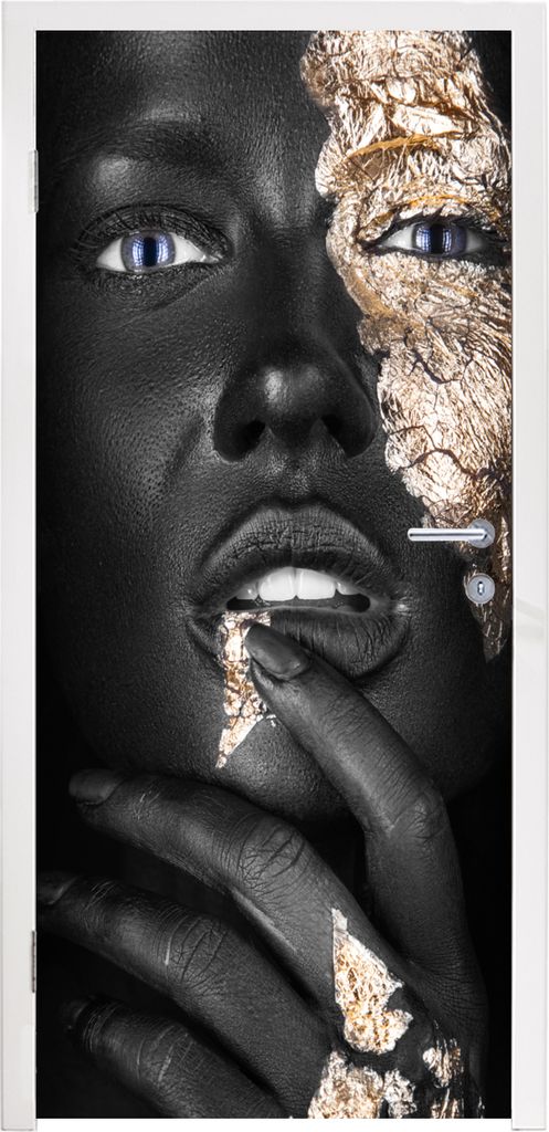 MuchoWow Türtapete Selbstklebende Türfolie Frau - Blattgold - Schwarz - Haut - Luxus 90x215 cm Türposter Türaufkleber Klebefolie Türklebefol...