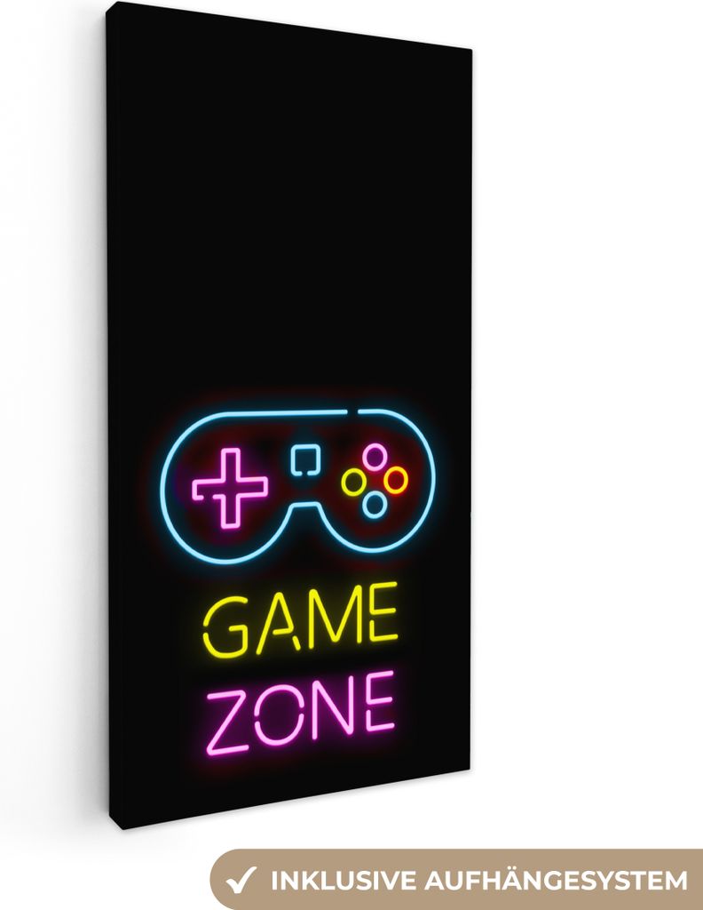MuchoWow - Leinwandbilder - Controller - Spiel - Neon - Schwarz - Zitate - Spielzone, Wandbild, Wanddeko Bilder Wohnzimmer, 20x40 cm