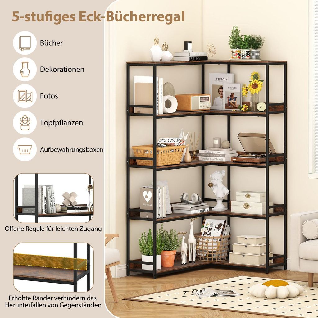 COSTWAY L-förmiges Eckregal stehend, 5 Ebenen Bücherregal