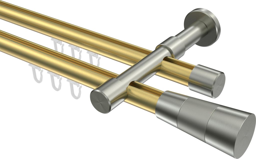 Interdeco Innenlaufstange / Gardinenstange mit Innenlauf Messing-Optik / Edelstahl-Optik, Typ Prestige Tanara (Konus Bicolor), 20 mm Ø 2-läufig, ...