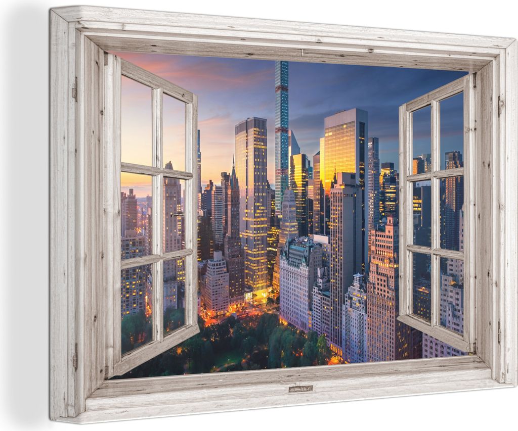 OneMillionCanvasses - Leinwandbilder - 150x100 cm, Ansicht - New York - Skyline, - Geöffnetes Fenster - Fensterblick Schlafzimmer Kunstdruck Wan...