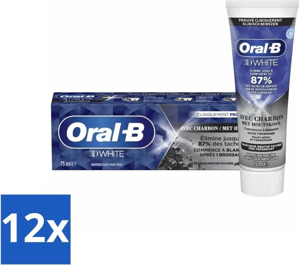Set 12 Oral-B 3D White Charcoal 75ml | Denti Bianchi e Alito Fresco Mentolo