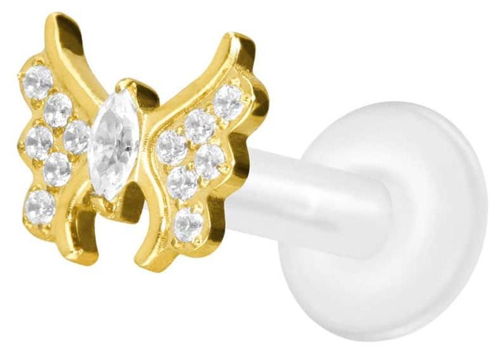 Ohrpiercing, Nasenpiercing PTFE Labret mit Innengewinde + Titan-Aufsatz KRISTALLSCHMETTERLING Gold Stablänge: 8mm | Stabstärke: 1,6mm