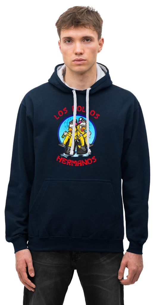 Spreadshirt Breaking Bad Los Pollos Hermanos White Pinkman Uni Kontrast Hoodie, XL, Navy/Grau meliert
