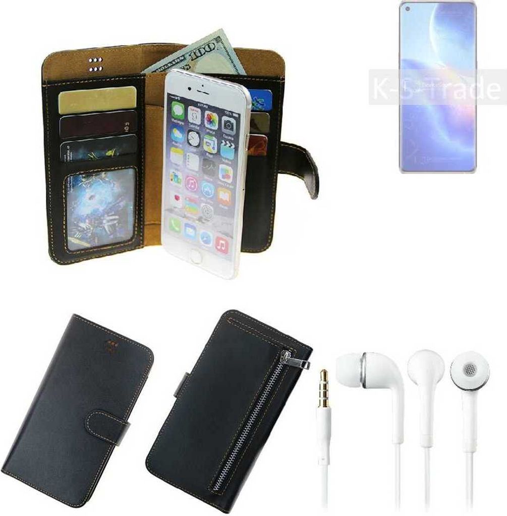 TOP SET Handy Hülle Schutz Hülle kompatibel mit Oppo Find X3 Neo schwarz aus Kunstleder + Kopfhörer Smartphone Tasche vollwertige Geldbörse