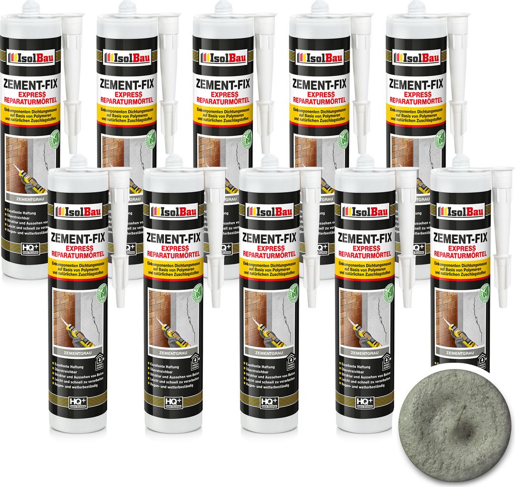Isolbau Zement-Fix 10 x 300 ml Zementgrau Express Reperaturmörtel - Dichtungsmasse für Fugen & Risse im Innen- & Außenbereich, Kartusche