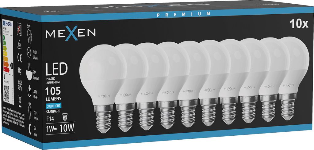Mexen Nova 10x LED-Lampe E14, G45, 1W, Kaltweiß - 6500K, 105 lm - L101-E14-0165-01x10