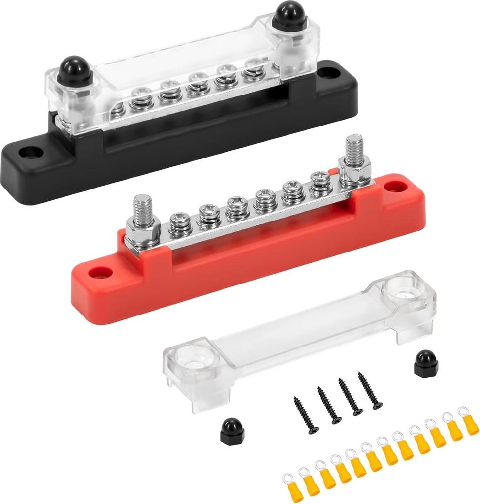 Sammelschiene 12V-48V DC Sammelschienen Verteilerblock 150A Busbar Stromverteilungsblock mit 6 x M4 Klemmenbolzen für Auto LKW Yacht Boot Rot Schw...