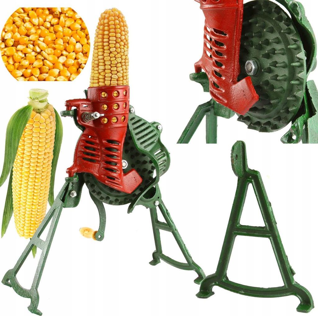 A collage of images showing a corn sheller, corn kernels, and a corn cob.