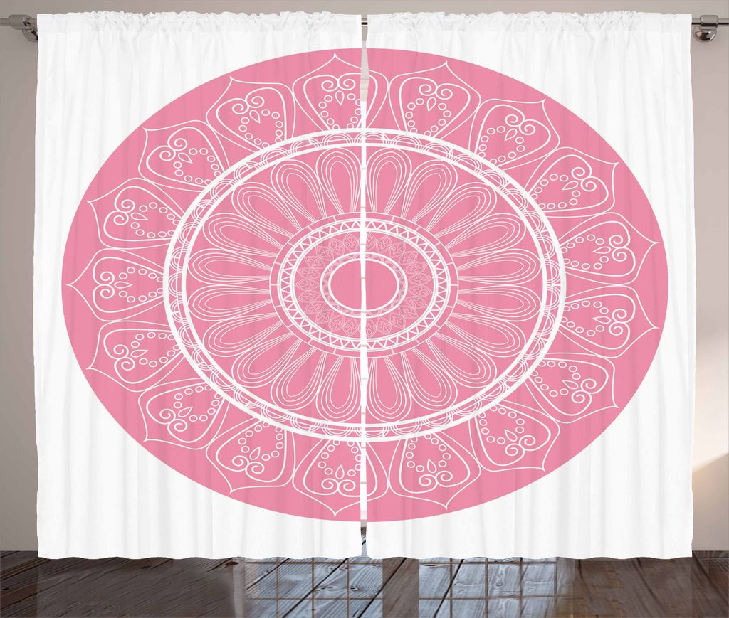 ABAKUHAUS rosa Mandala Rustikaler Gardine, Kultur, Schlafzimmer Kräuselband Vorhang mit Schlaufen und Haken, 280 x 175 cm, Baby Pink Weiß