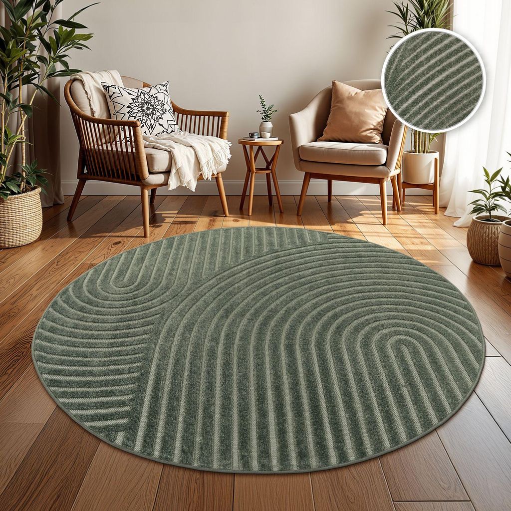 TT Home In-& Outdoorteppich Wetterfest Balkon Schlafzimmer Boho Skandi Motiv Unifarben Geometrische Optik Moderner Style Größe 160 cm Rund