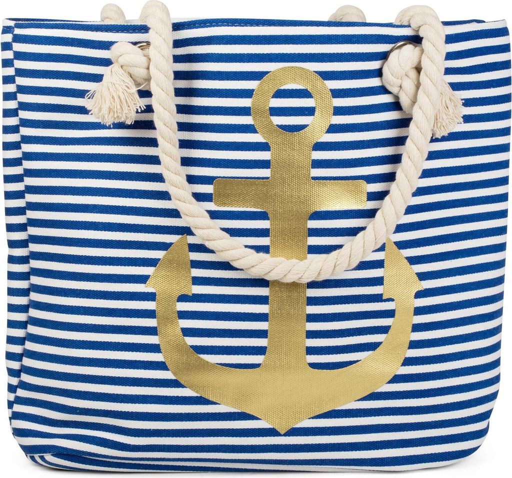 Strandtas mit Segelprint und Ankermotiv, groß, blau-weiß-gold, 46 x 34 x 12 cm
