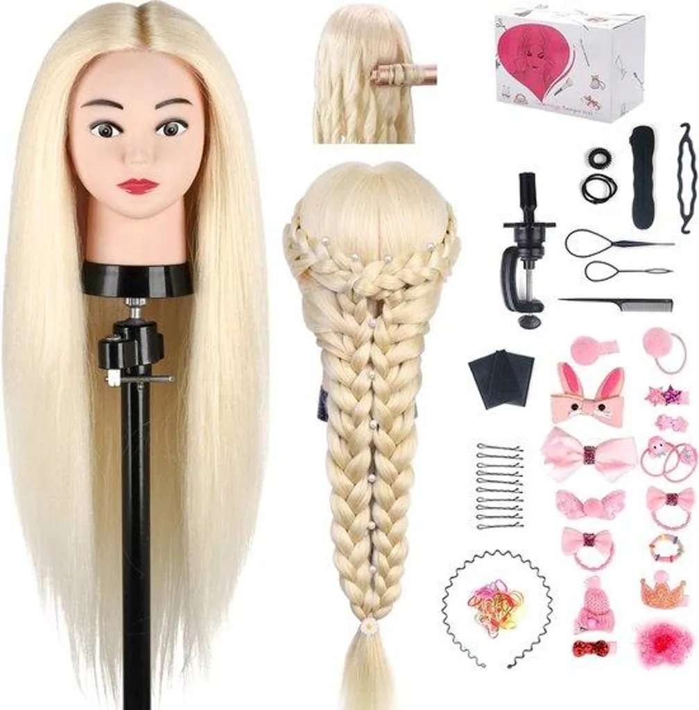 Tête de mannequin coiffure blonde avec accessoires et support pince