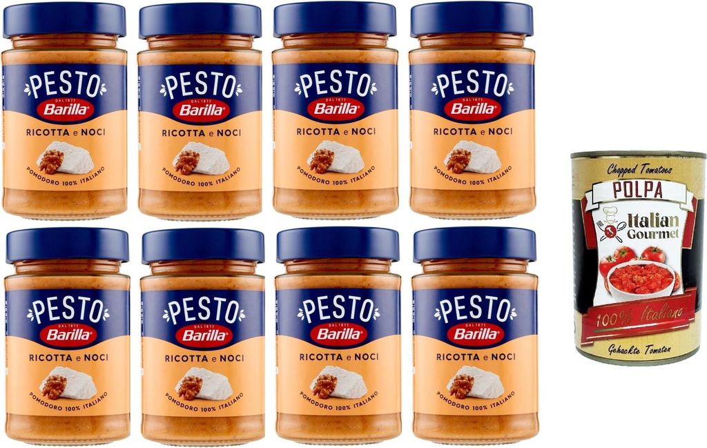 Barilla Pesto Ricotta e Noci Condimento e Sugo per Pasta Pesto Ricotta und Walnüsse Gewürz- und Nudelsauce 8x190 gr+ Italian Gourmet polpa 400g