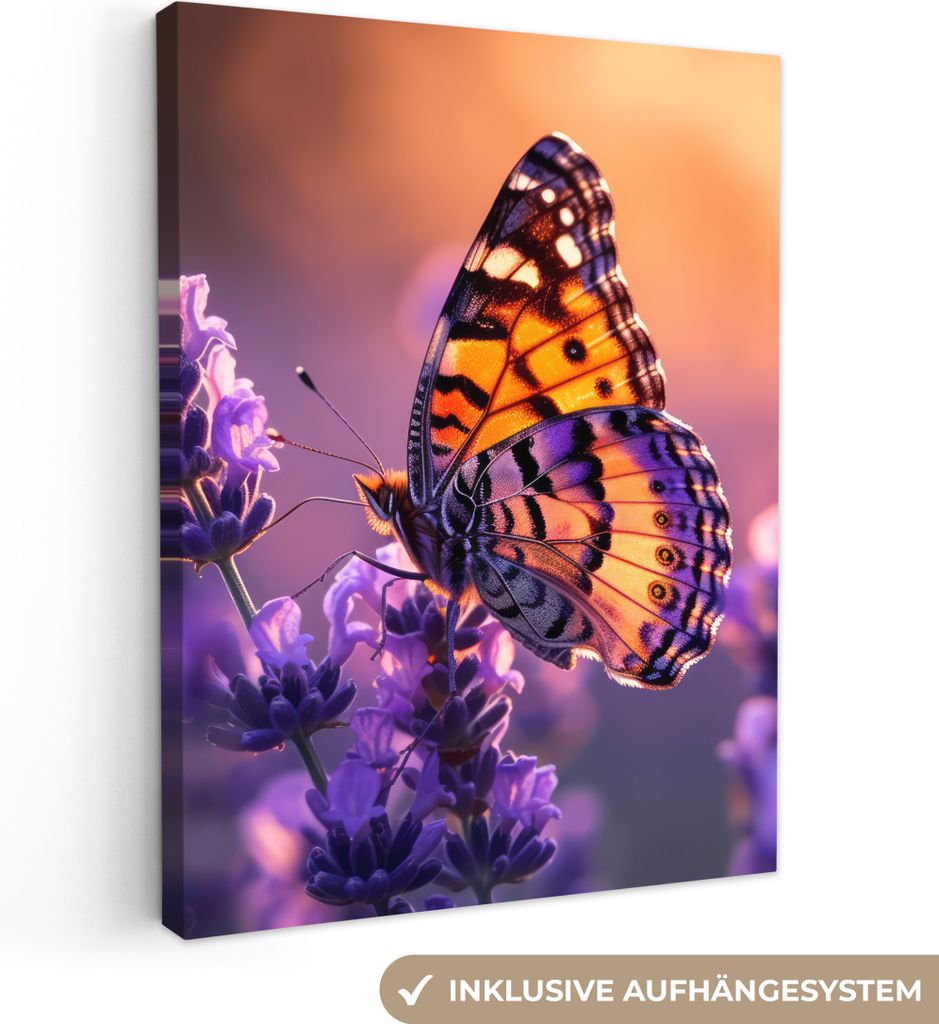 MuchoWow - Leinwandbilder - Blumen - Schmetterling - Lavendel - Blume - Natur, Wandbild, Wanddeko Bilder Wohnzimmer, 90x120 cm