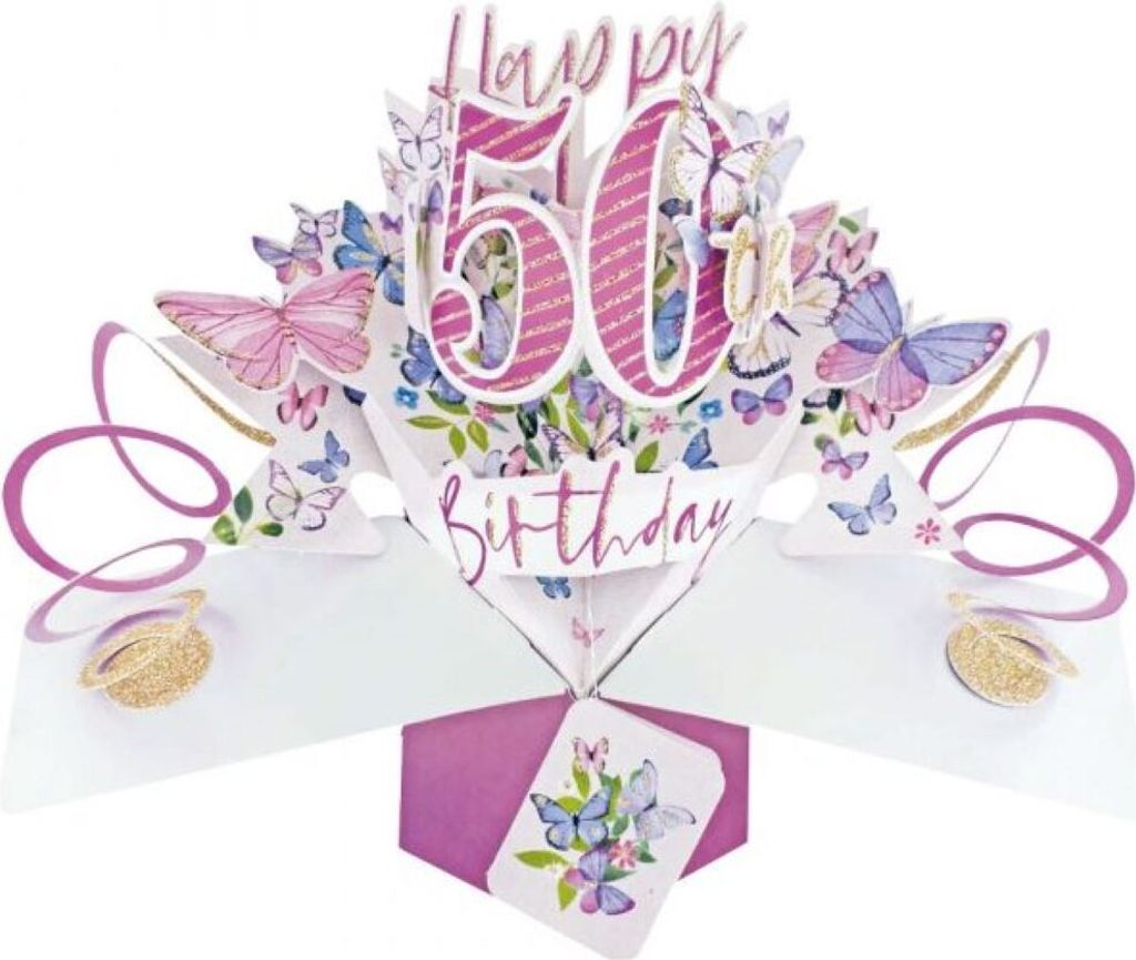 Grußkarte PopUp "Happy 50th Birthday" Schmetterlinge Produktbild 