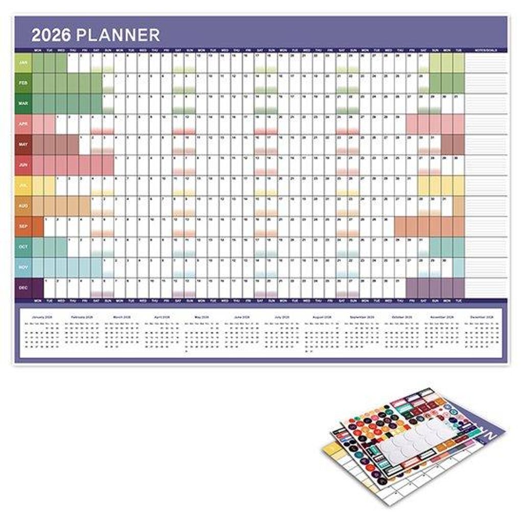 Planer 2026, englische Wandkalender, falten, mit Stickers, dunkelblau.
