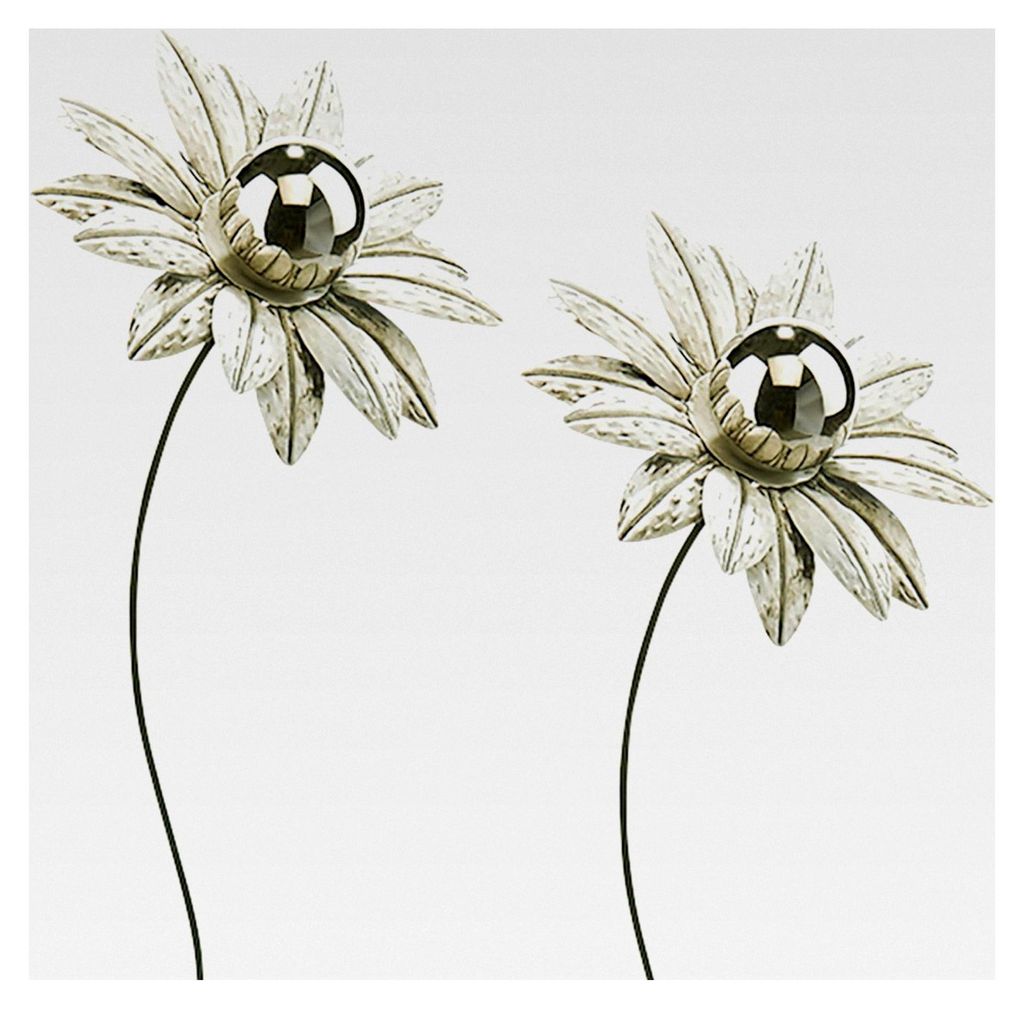 Gartenstecker Weißes Blütenmotiv, 2er Set, Metall, 92 cm, dekorative Blumenstecker mit Edelstahlkugel für moderne Gartendekoration