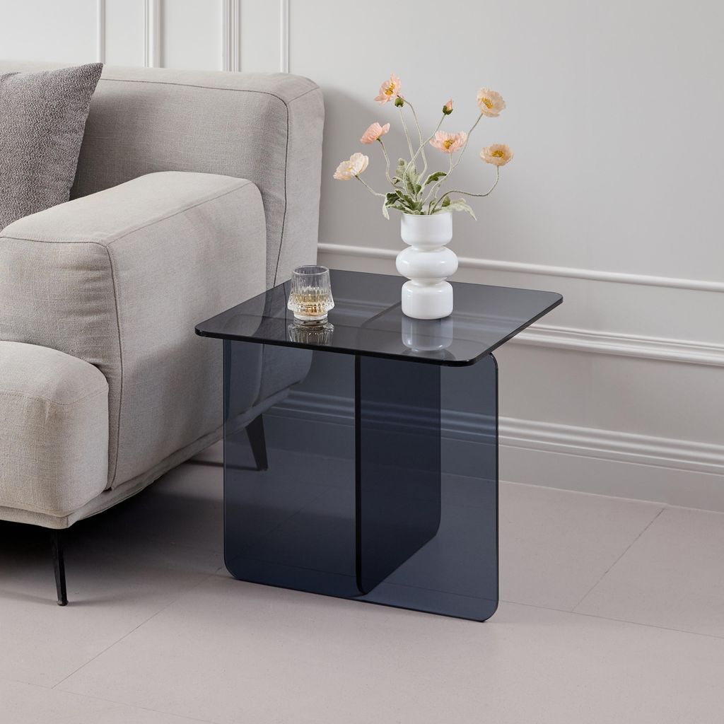 Beistelltisch aus Glas, gebogenes Sicherheitsglas, rund, grau getönt, 45 x 45 x 51 cm, Grau