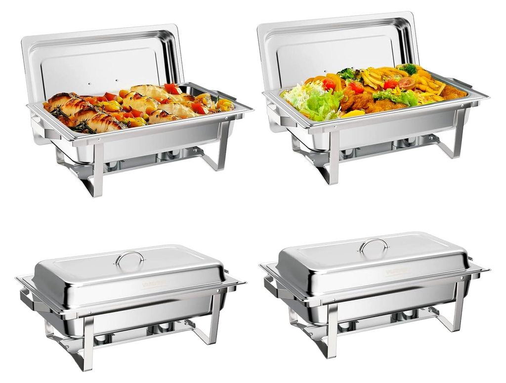 Edelstahl-Warmhaltebehälter für Speisen 9 L, Chafing Dish 60x36x30 cm, Speisenwärmer mit Rollrand und faltbarem Gestell 4-teilig
