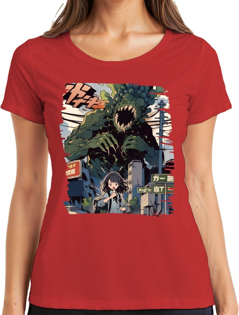 Kaiju Angriff Schulmädchen Monster Apokalypse Stadt Anime Manga Damen T-Shirt, Rot, S