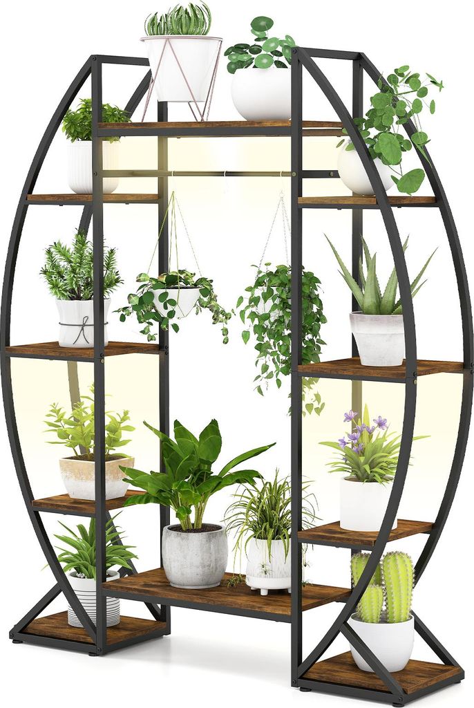 A multi-tiered plant stand filled with various potted plants, displayed against a plain background.