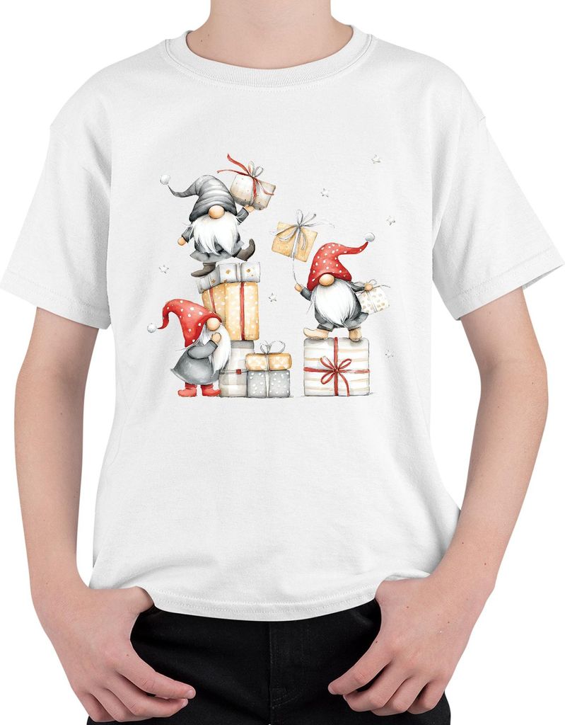 Weihnachtswichtel Geschenke Stapel Weihnachten Skandinavisch Uni Kinder T-Shirt, Weiß, 116