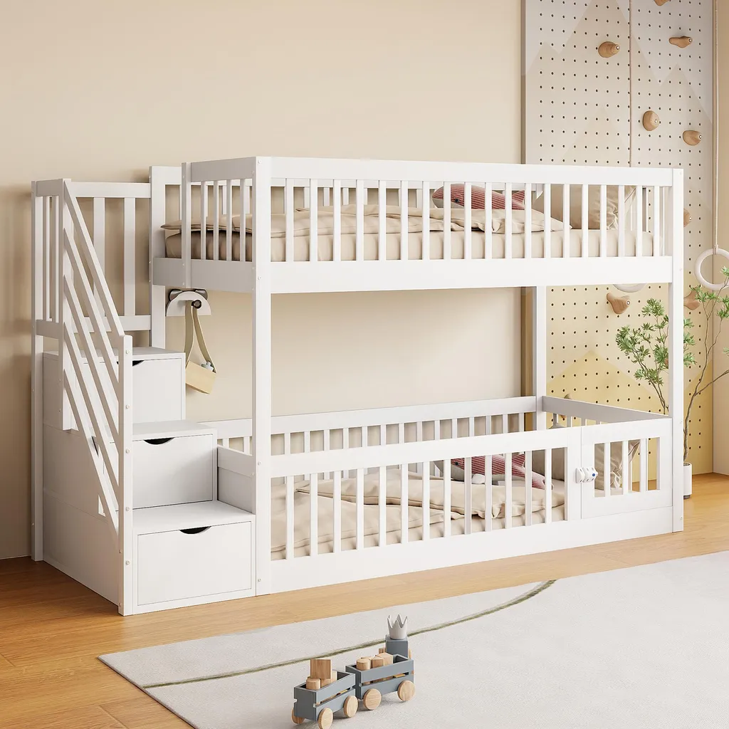 Lit superposé bois massif 90x200 blanc avec tiroirs et espace de jeu bas