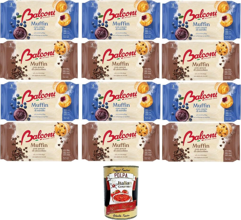 Balconi Testpaket Muffin Con Cuore di Mirtillo, Con Gocce di Cioccolato Muffin mit Blaubeerherz, mit Schokoladenstückchen 12x240gr + Italian Gourm...