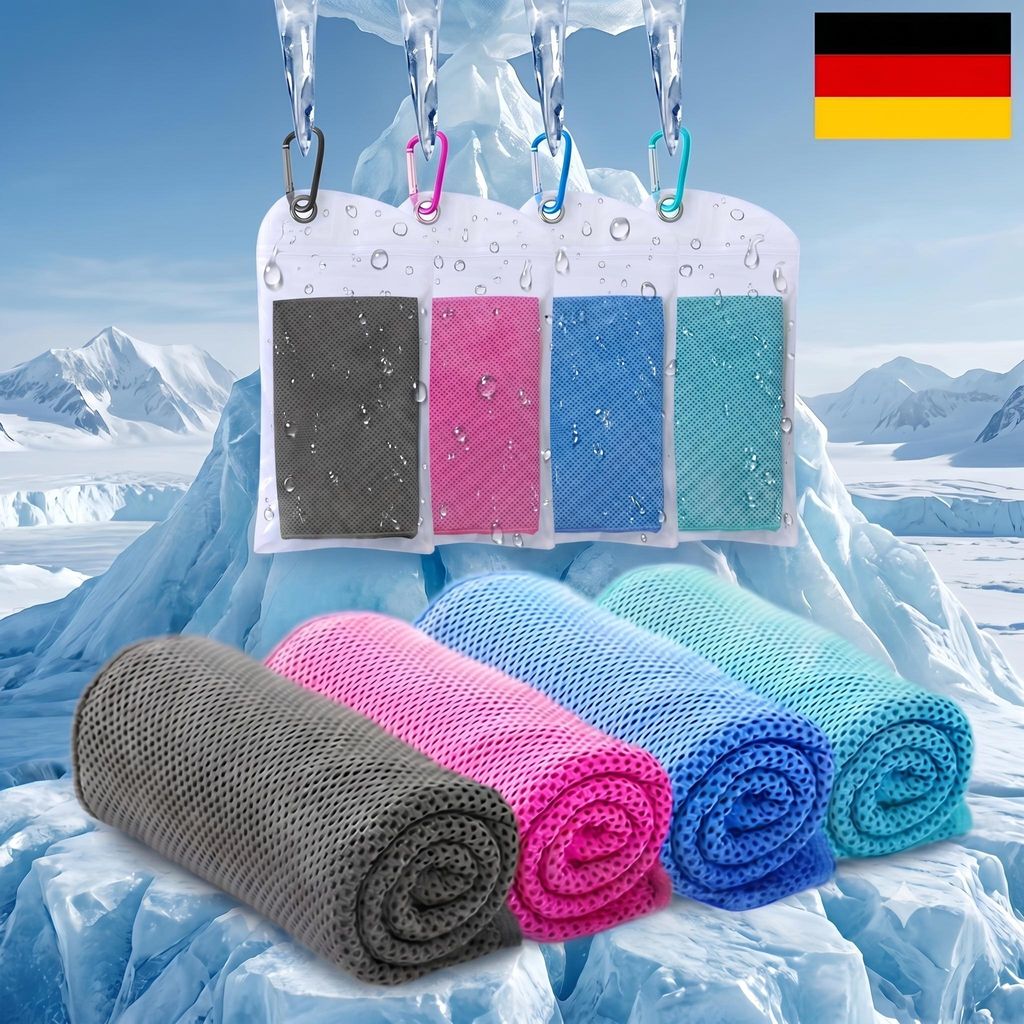 Kühlendes Handtuch 4er Set, 100 x 30cm Kühltücher, mit wasserdichtem Verschlussbeutel & Karabiner, Kühlhandtuch Sport Cooling Towel für Fitnes...