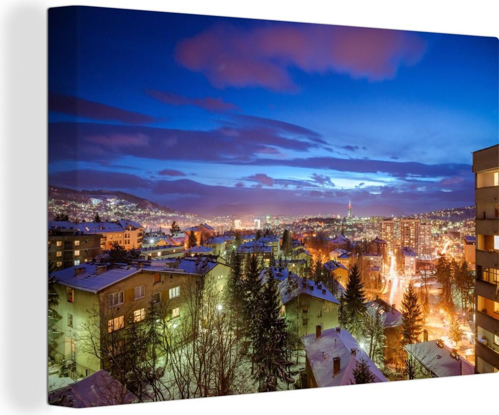 OneMillionCanvasses - Leinwandbilder - 150x100 cm, Dunkelblauer Himmel über der Skyline von Sarajevo in Bosnien und Herzegowina, Wandbilder Kuns...
