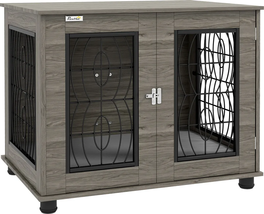 PawHut Niche pour Chien d'Intérieur Grise avec Coussin et Porte 80x56x63 cm