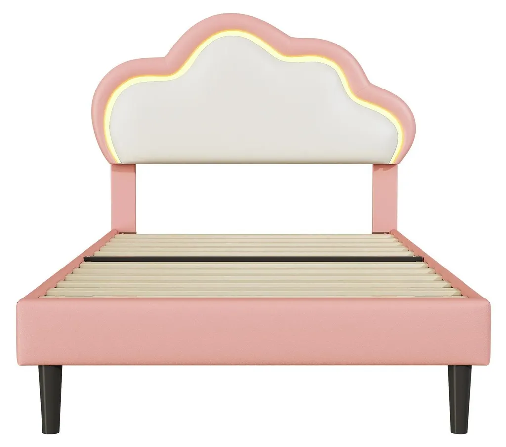 Lit simple enfant 90x200 rose avec sommier et tête de lit design