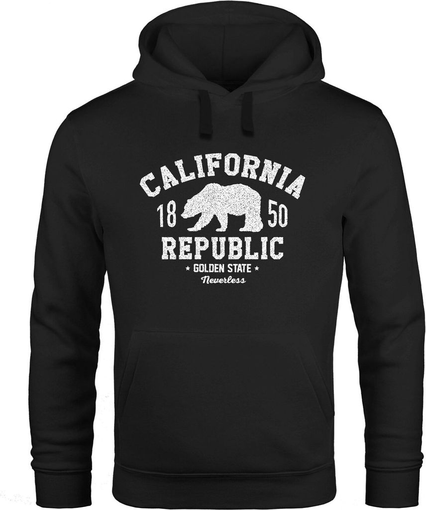 Hoodie Herren California Republic Kalifornien Grizzly Bär Bear Aufdruck Print Kapuzen-Pullover Männer Neverless schwarz XL