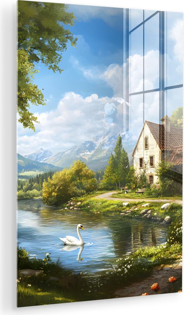MuchoWow Glasbilder - Bilder auf Wandbild - Foto auf Glas Schwan - Bäume - Ruhe 60x90 cm Wanddekoration aus Glas - Acrylglasbild - Acrylbilder - P...