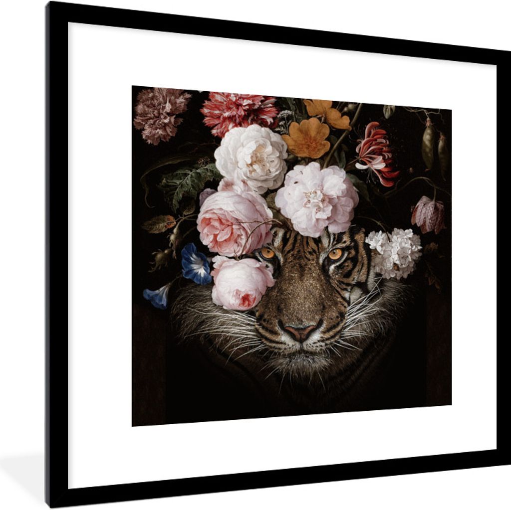 MuchoWow Gerahmtes Poster Tiger - Blumen - Kunst 40x40 cm - Poster mit Schwarzem Bilderrahmen Wandposter Rahmen Foto Bilder - Poster - Plakat im ...