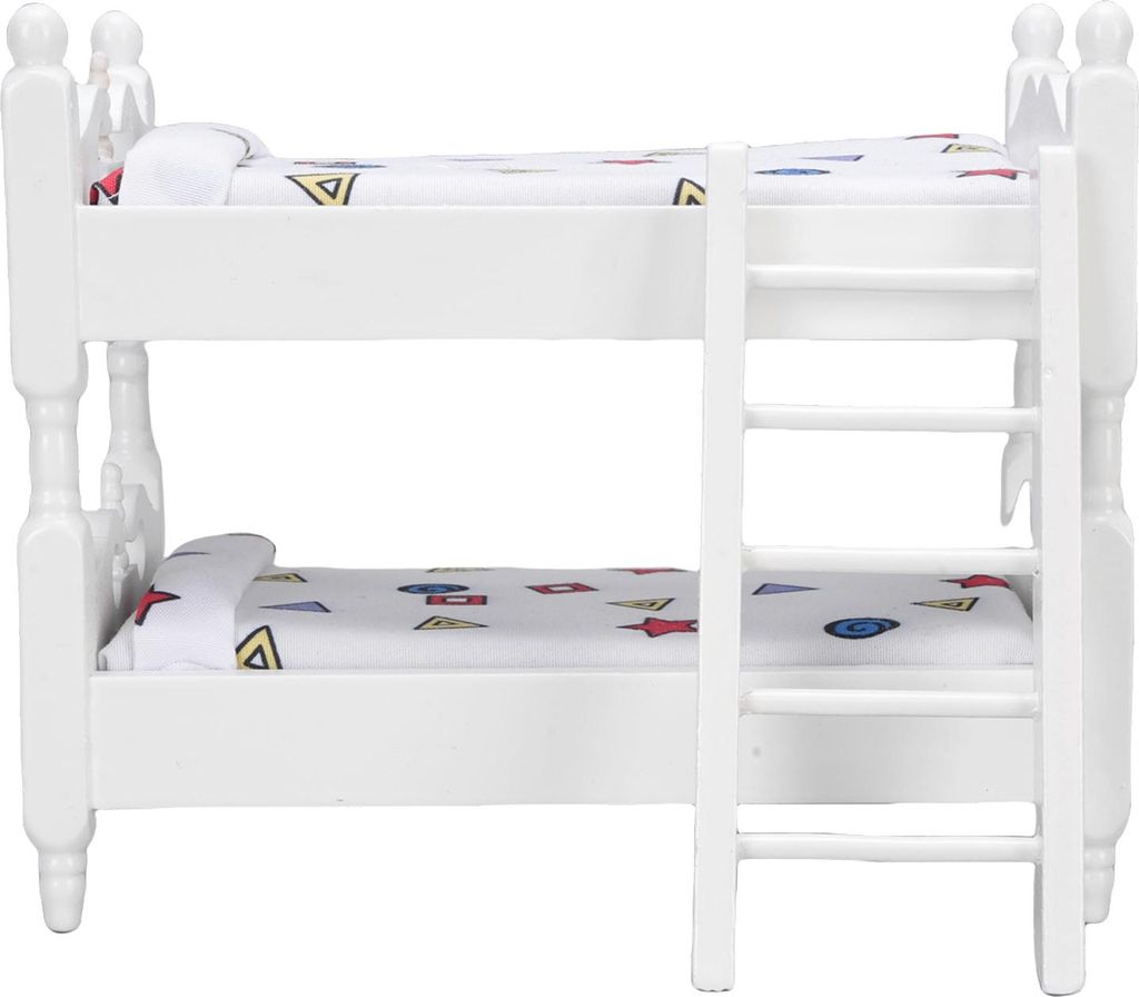 Etagenbett Modell für 1:12 Maßstab Puppenhaus Miniatur Double Layer Bett mit Leiter Schlafzimmer Möbel Cartoon Ornament Geometrisch