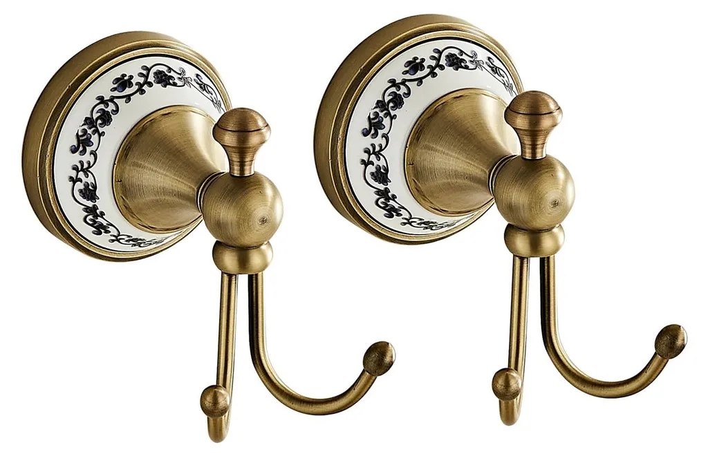 Lot de 2 crochets porte-serviettes en porcelaine et laiton antique chic
