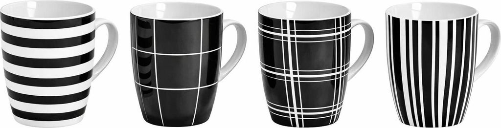 Modernes Porzellan Kaffeetassen 4er Set I 10cm hoch - Ø 8cm - 300ml I Große Kaffee Tasse in schwarz / weiß gestreift & kariert