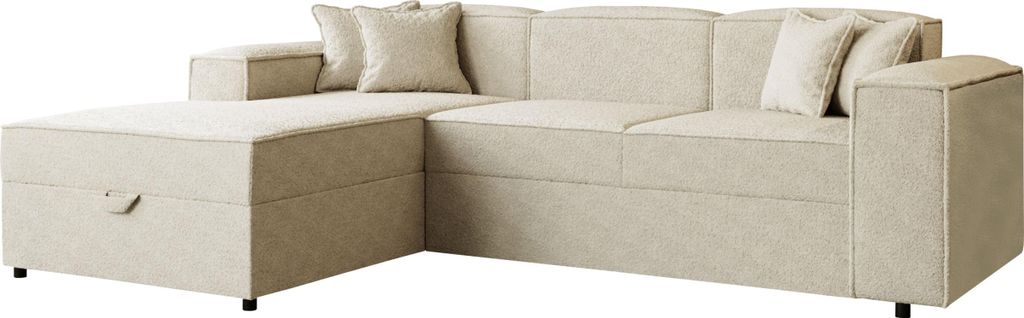 MIRJAN24 Ecksofa Santos L Boucle, L-Form Eckcouch mit Schlaffunktion und Bettkasten, Polsterlehnen fest montiert, Kissen-Set (Farbe: Coral 65, Seit...