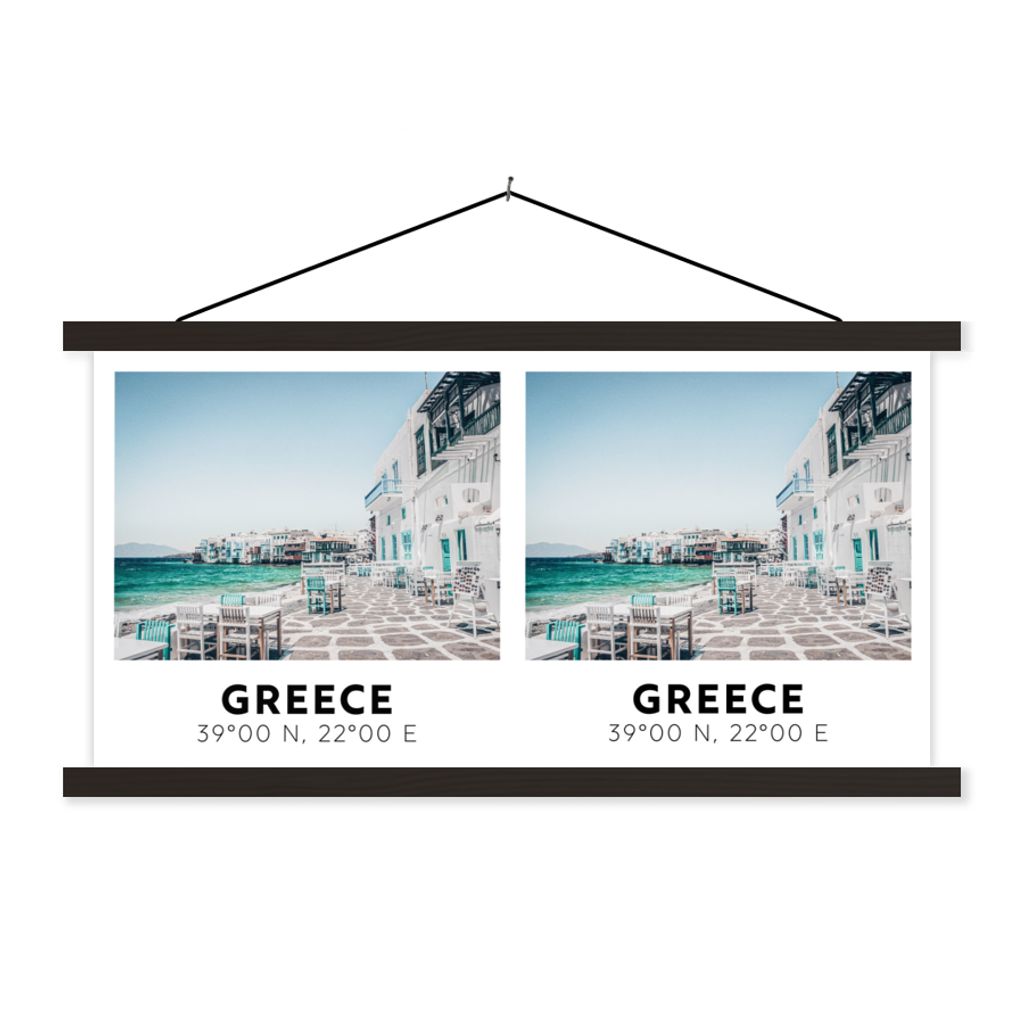 MuchoWow Textilposter Griechenland - Blau - Meer - Terrasse 90x45 cm mit schwarzem Rahmen - Klemmleisten