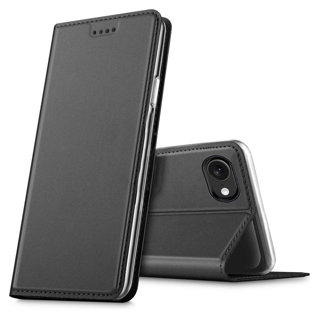 A black flip case for a smartphone is shown in a studio setting.