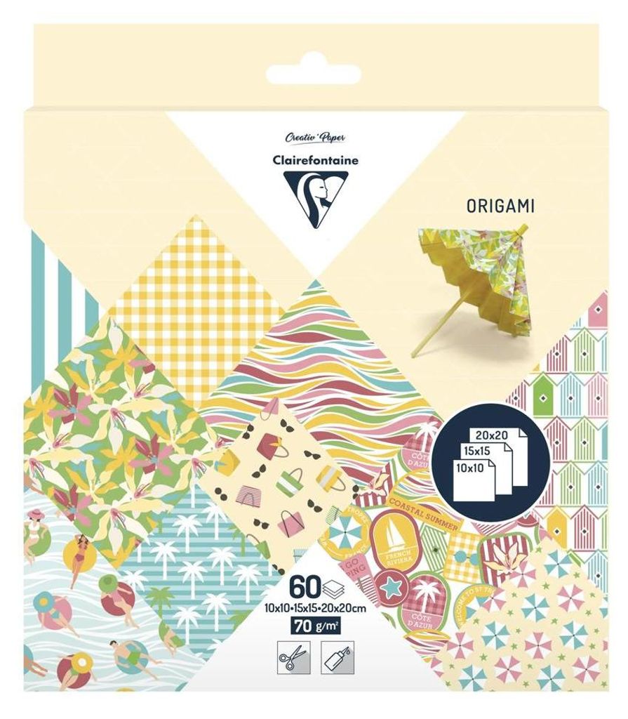 Clairefontaine 95384C Origami-Papier, 70 g/m², 3 Formate: 10 x 10 cm, 15 x 15 cm, 20 x 20 cm, 10 bunte Motive sortiert (2 Blätter pro Format), kr...