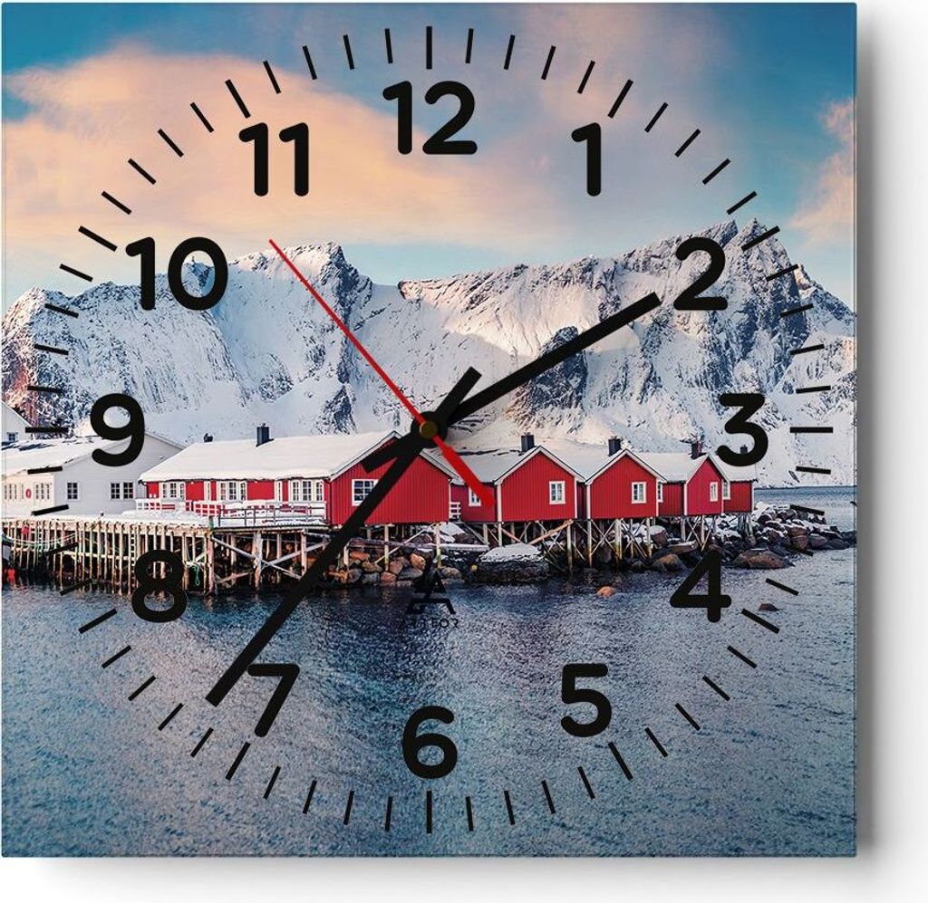 Wanduhr - Quadrat - Glasuhr - Lofoten Dorf Angeln - 30x30cm - Schleichendes Uhrwerk - Lautlos - zum Aufhängen bereit - Dekoration Modern - Wanddek...