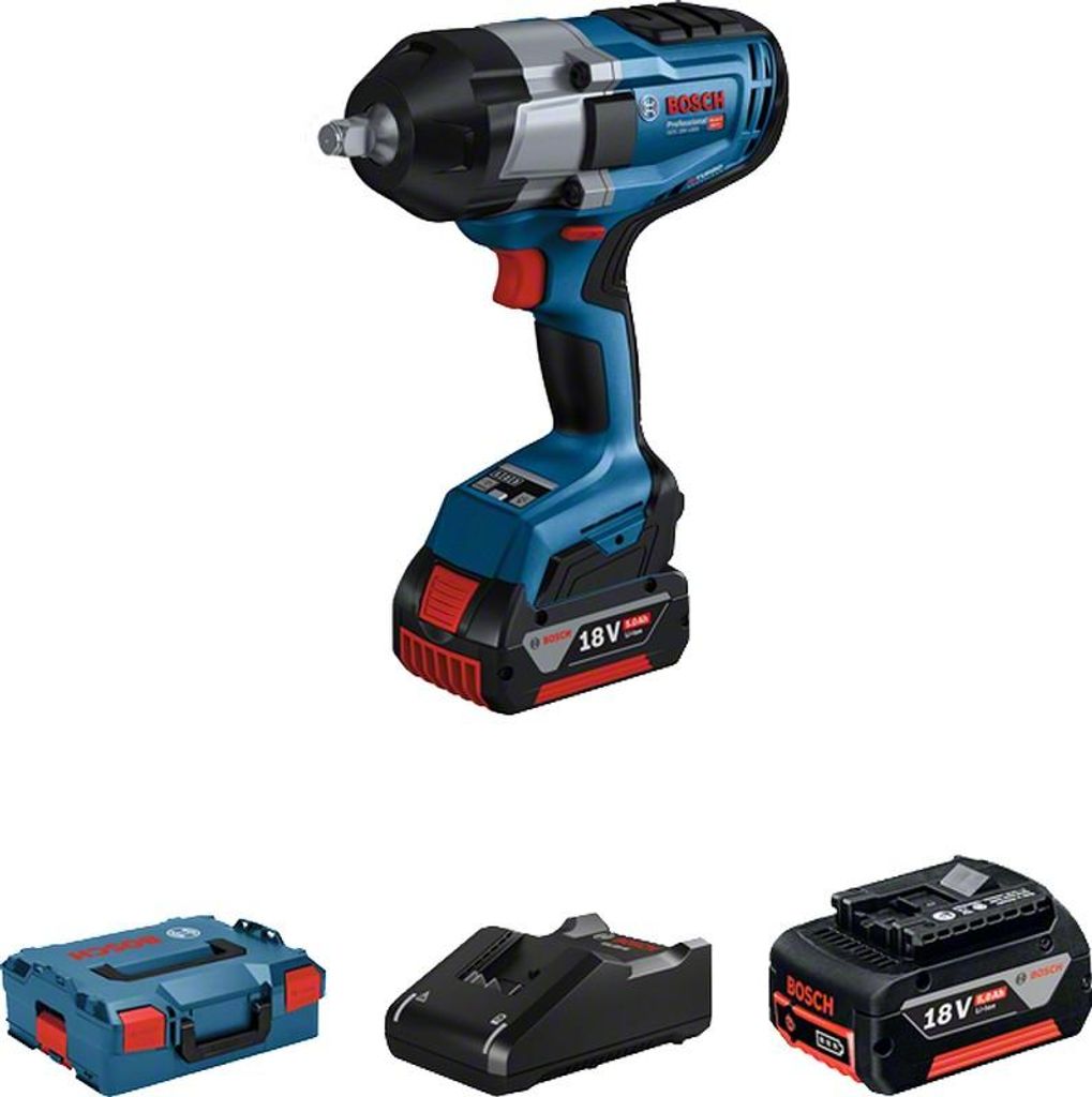 A Bosch 18V impact wrench with accessories, including a case, charger, and battery, displayed on a white background.