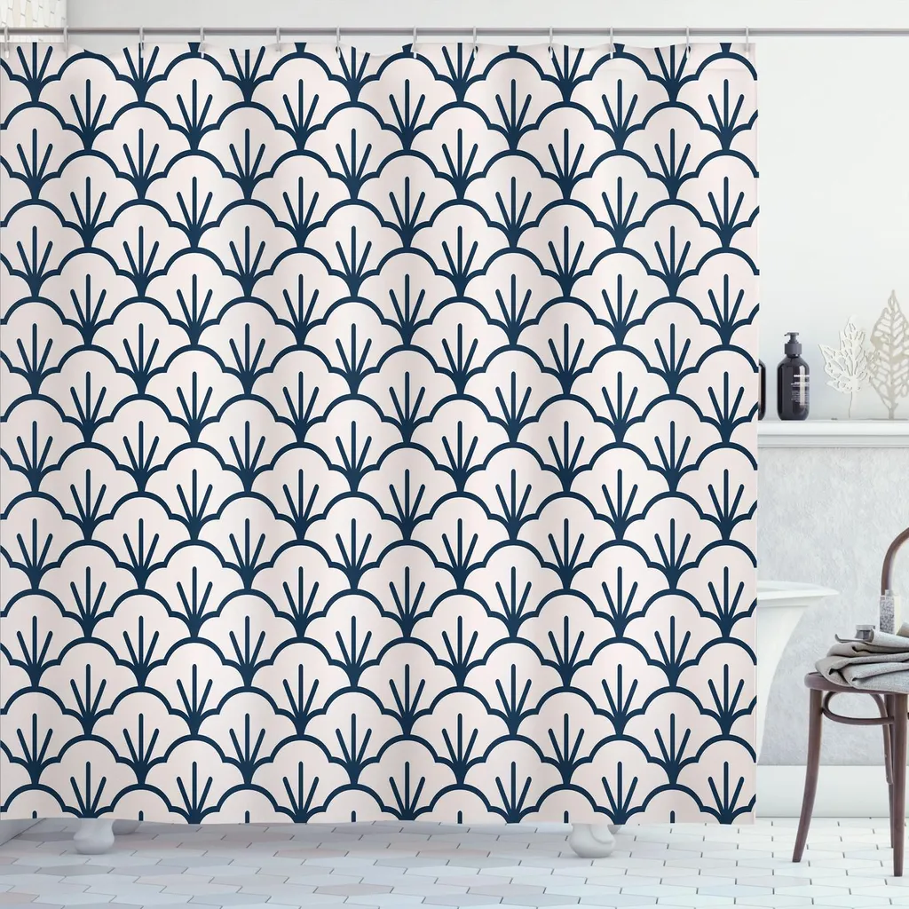 ABAKUHAUS Tenda da doccia geometrica, motivo astratto monocromatico di nuvole in cotone, 175 x 220 cm, blu scuro crema
