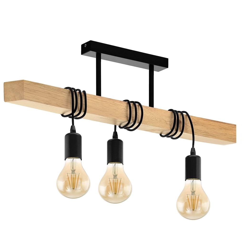 A pendant light fixture with a wooden beam and three exposed bulbs.