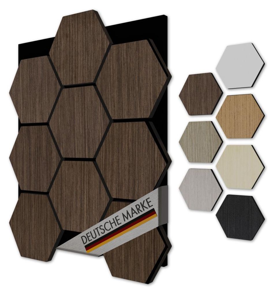 AKUSTIKO Hexagon 3D Wandpaneele 5 Stück 567x693mm - Filz Akustikpaneele & MDF Träger Technisches Furnier Holzoptik Waben Wandverkleidung & Wandde...