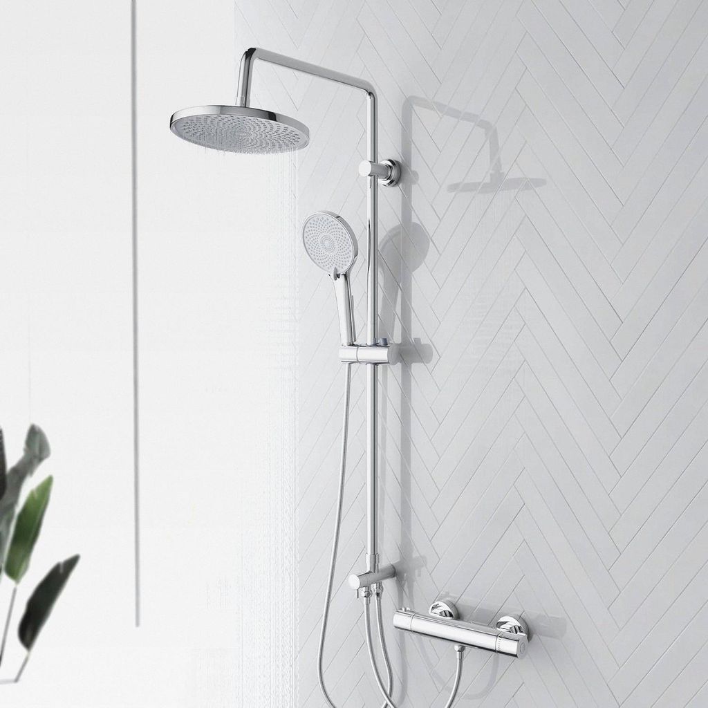 Duschsystem mit Thermostat,Regendusche mit Armatur,Duscharmatur komplettset mit thermostat, Runder Regendusche und Handbrause,95cm Höhe,Chrom