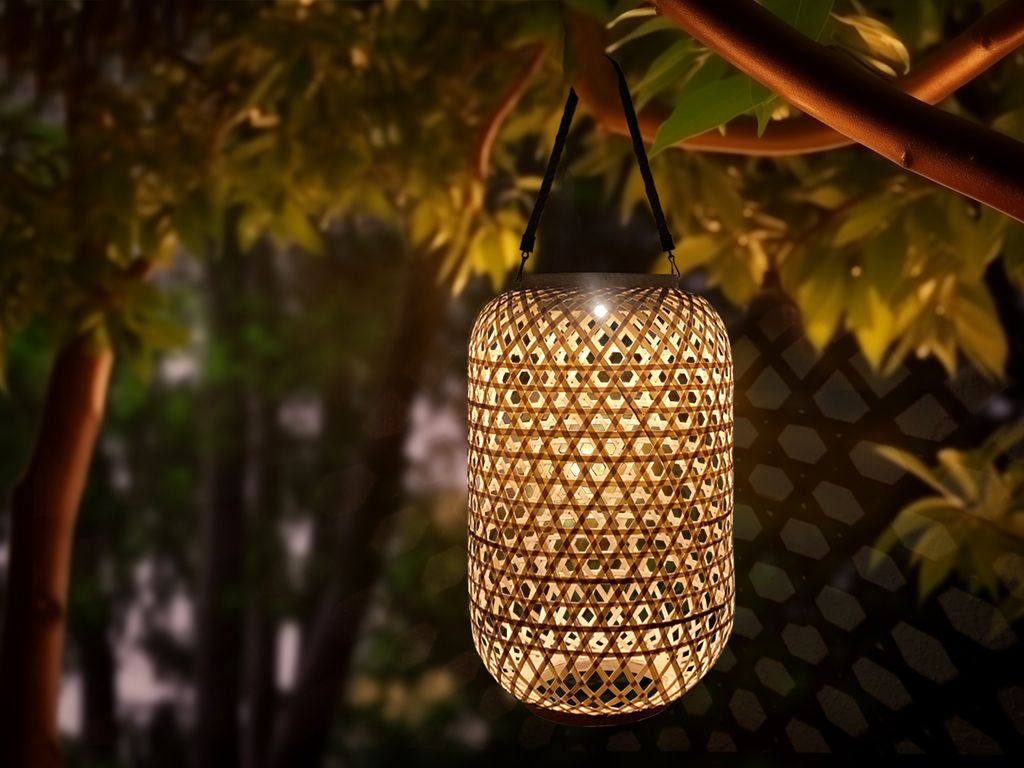 LED Solarleuchten hängend aus Bambus Korbgeflecht Laterne draußen für den Garten